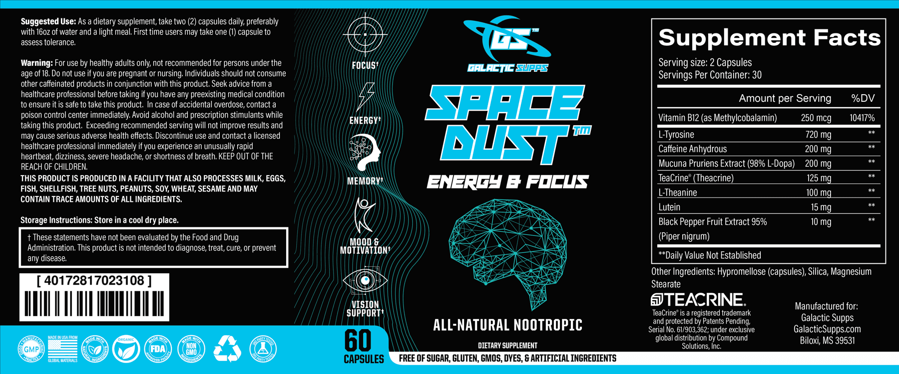 Space Dust full label with complete Supplement Facts panel